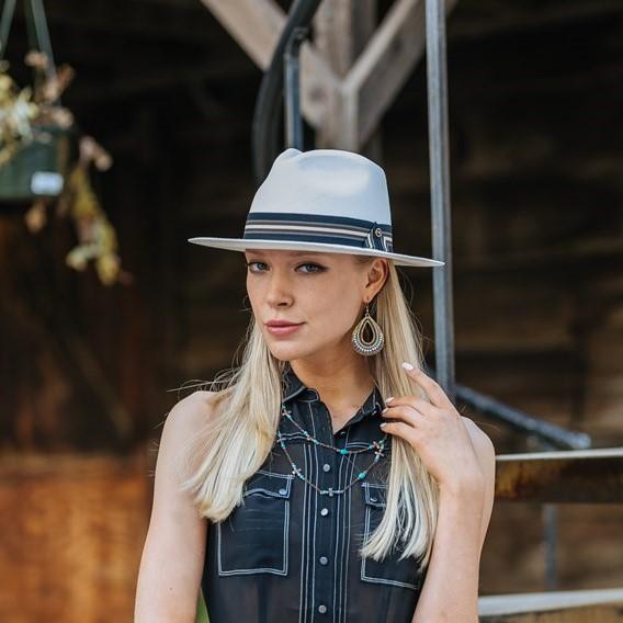 Austral White Straw Panama Hat - The Hali with Stripe Ribbon Band
