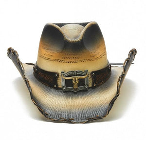 Stampede Western Straw Cowboy Hat - The Bull Horns Tea Stained